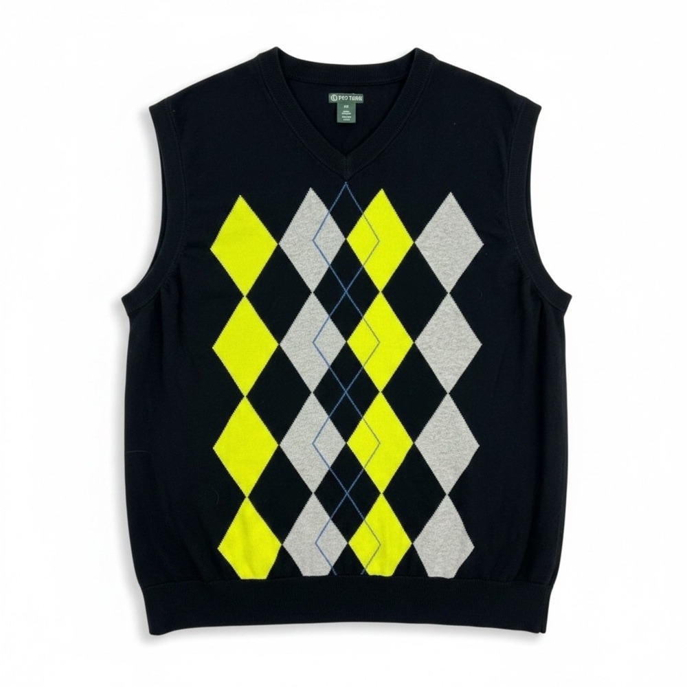 Pro Tour Mens Argyle Sweater Vest V-Neck Black Yellow Gray 3X